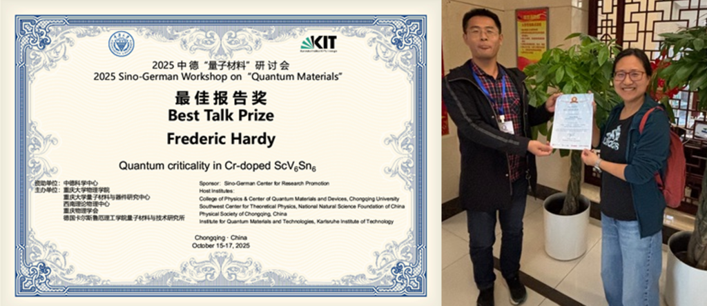 Certificate for the Best Talk Prize awarded to Frederic Hardy at the 2025 Sino-German Workshop.