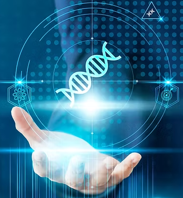 Hand with holographic DNA strand and tech-themed symbols.