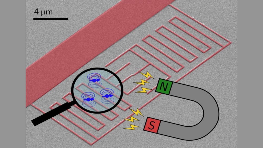 Microscopic view of a chip with a magnet and magnifying glass showing molecular interactions.